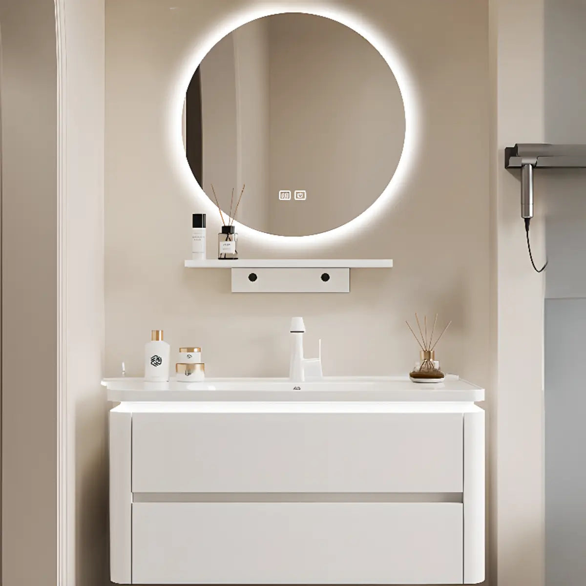 White Wood Storage Bathroom Vanity with Mirror and Drawers Image - 3