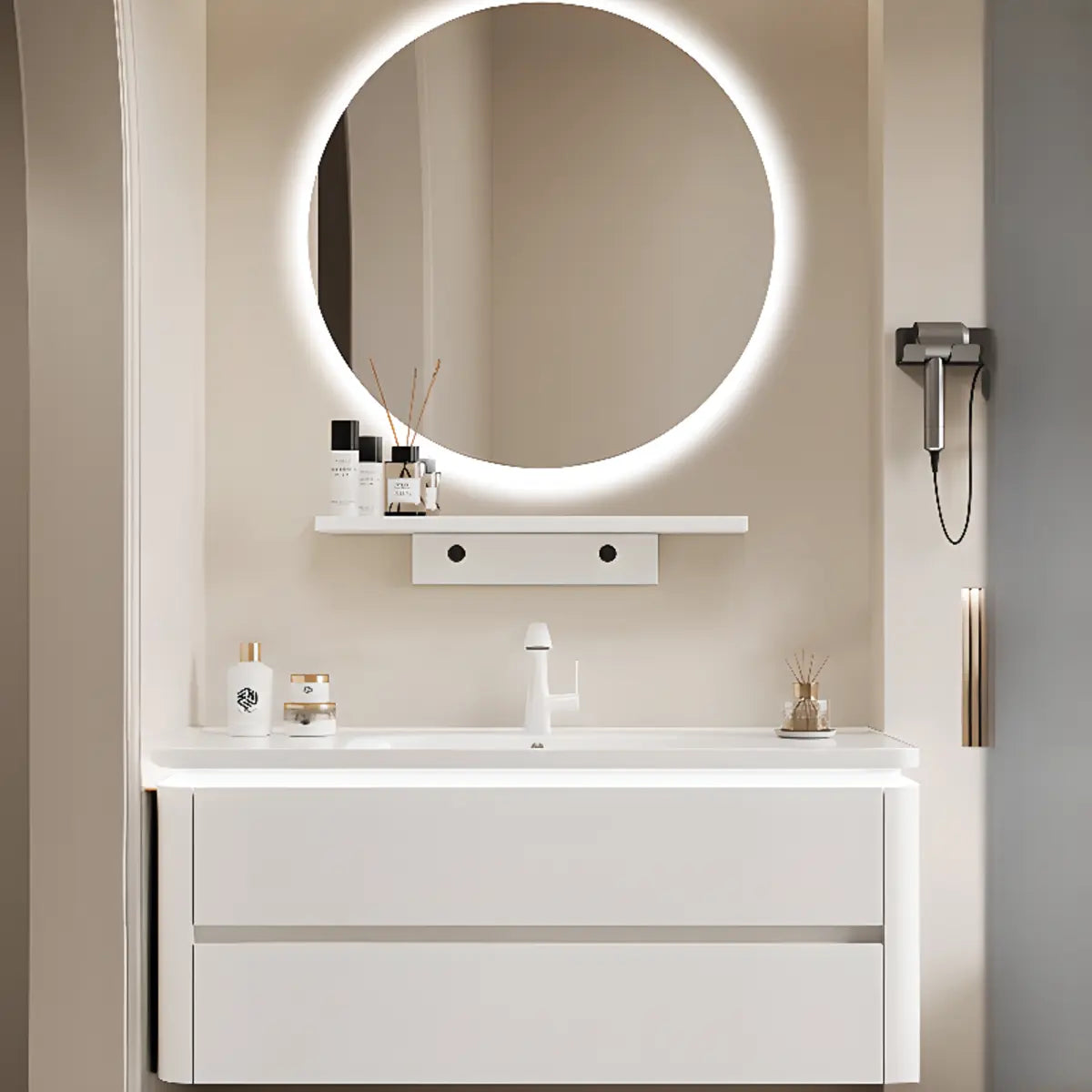 White Wood Storage Bathroom Vanity with Mirror and Drawers Image - 5