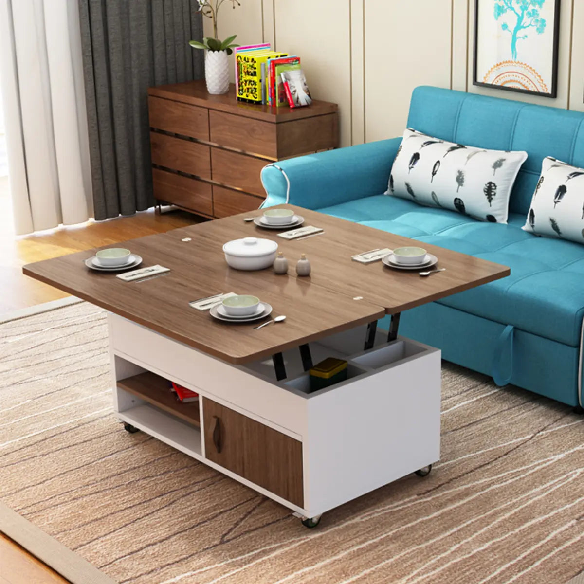 White Wood Storage Convertible Lift Top Coffee Table Image - 4