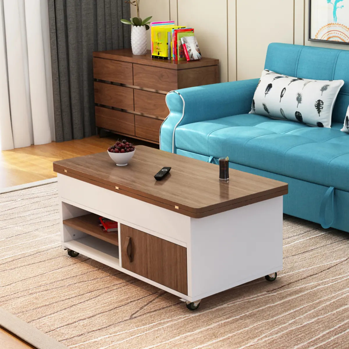 White Wood Storage Convertible Lift Top Coffee Table Image - 6