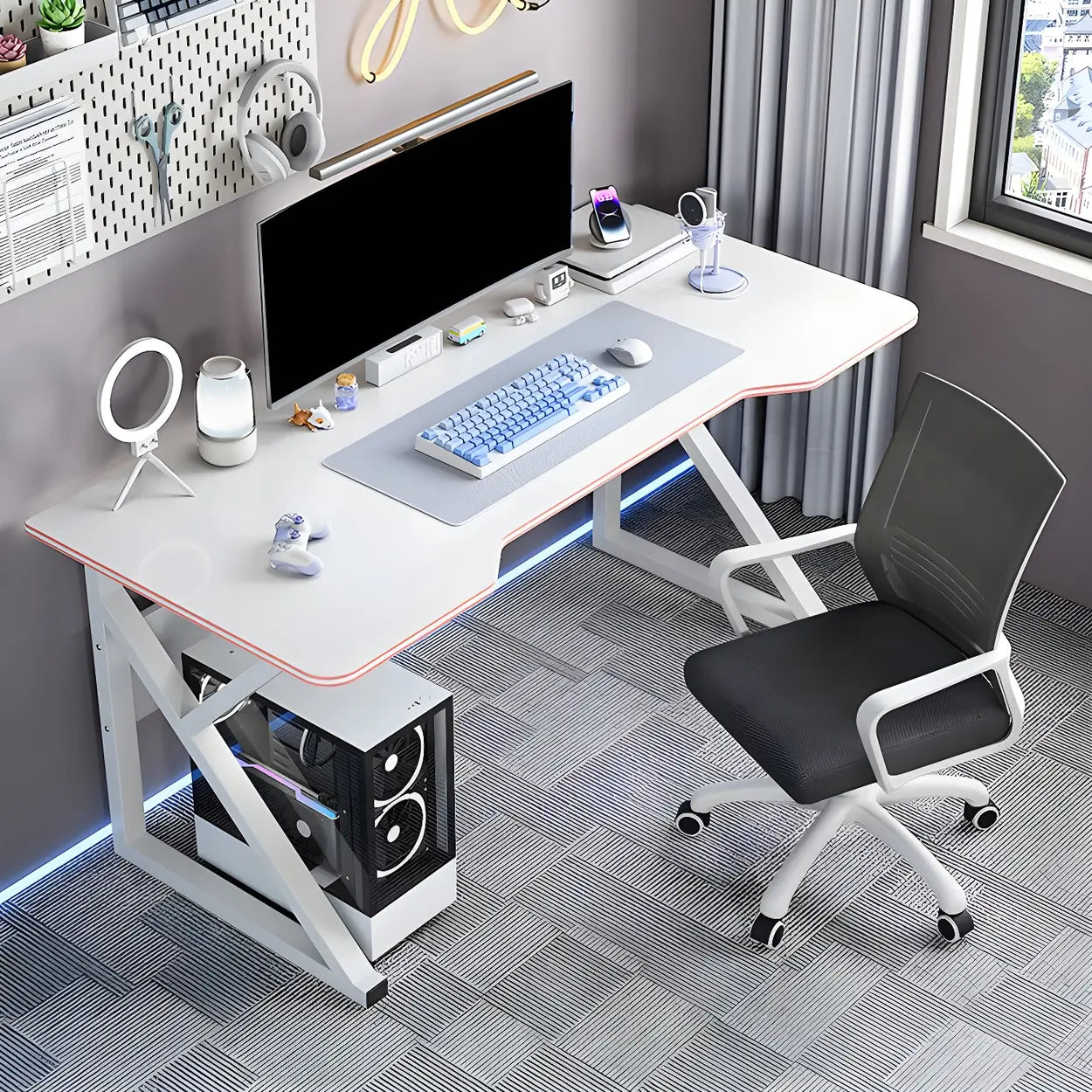 White Wood Storage Steel Trestle Curved Computer Desk Image - 1