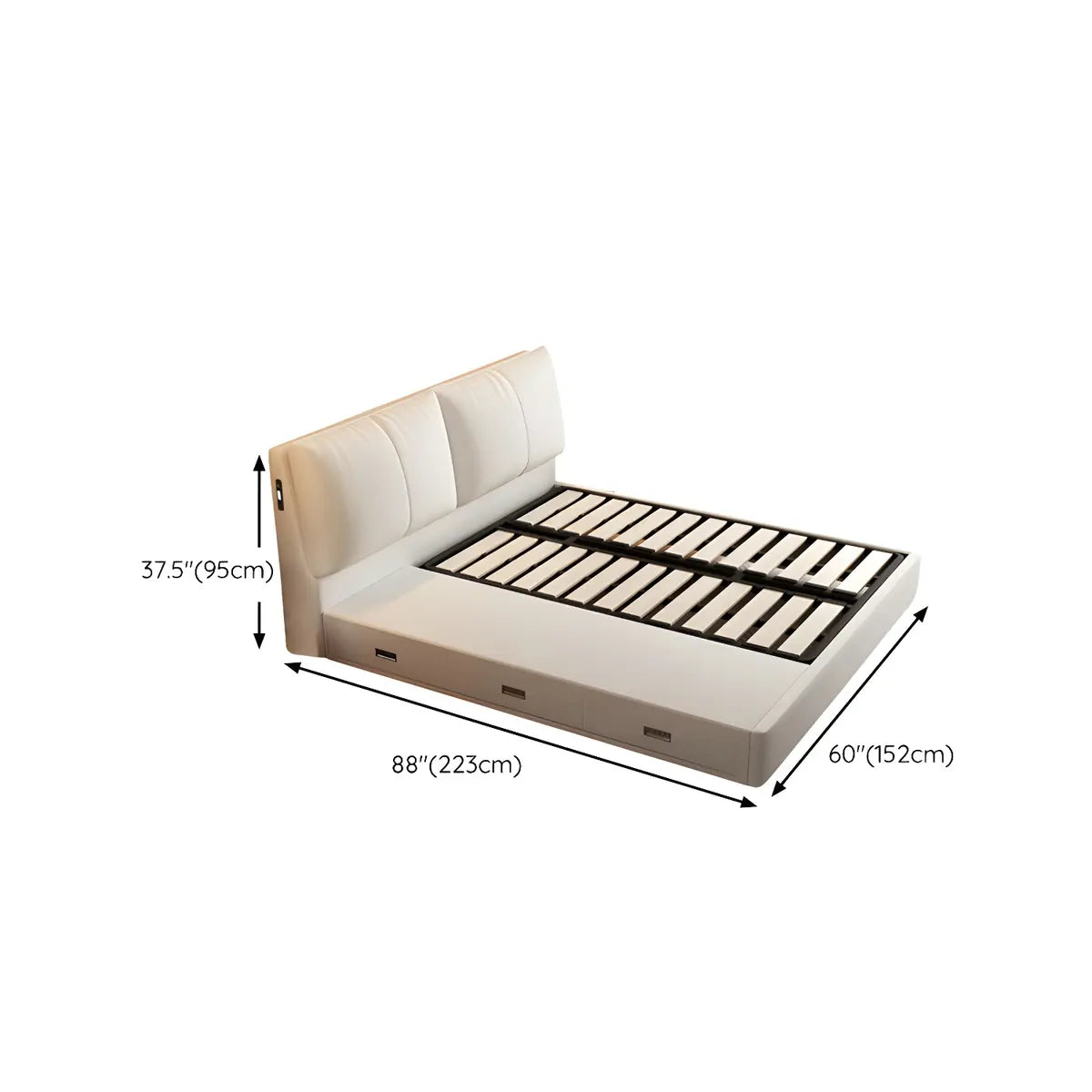 White Wood Upholstered Storage Wingback Bed with Drawers 