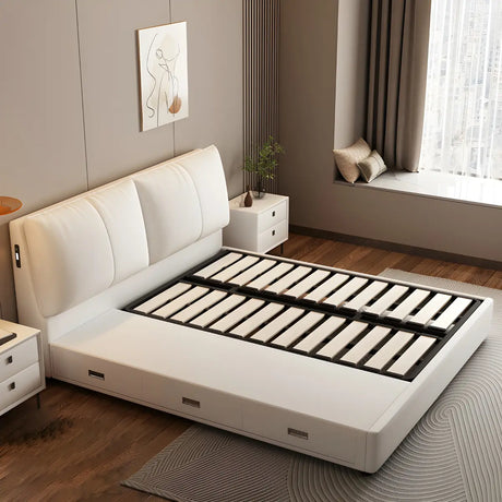 White Wood Upholstered Storage Wingback Bed with Drawers Image - 2