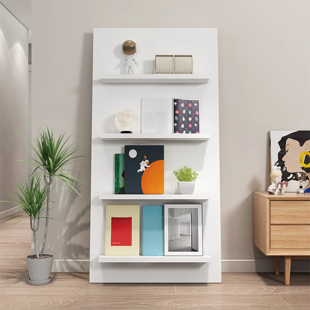 White Wood Vertical Modern Leaning Display Bookcase Image - 1