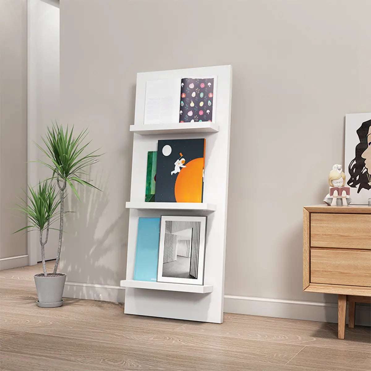 White Wood Vertical Modern Leaning Display Bookcase Image - 2