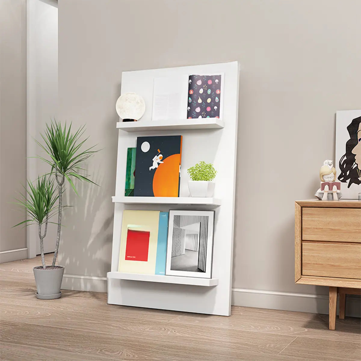 White Wood Vertical Modern Leaning Display Bookcase Image - 3