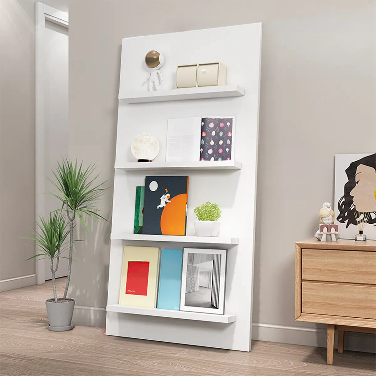 White Wood Vertical Modern Leaning Display Bookcase Image - 7