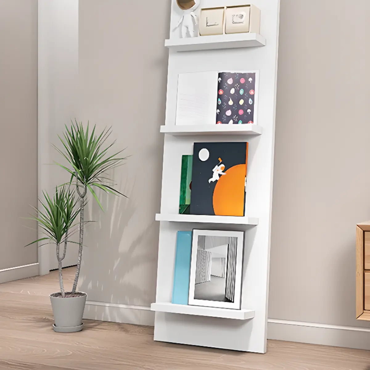 White Wood Vertical Modern Leaning Display Bookcase Image - 8