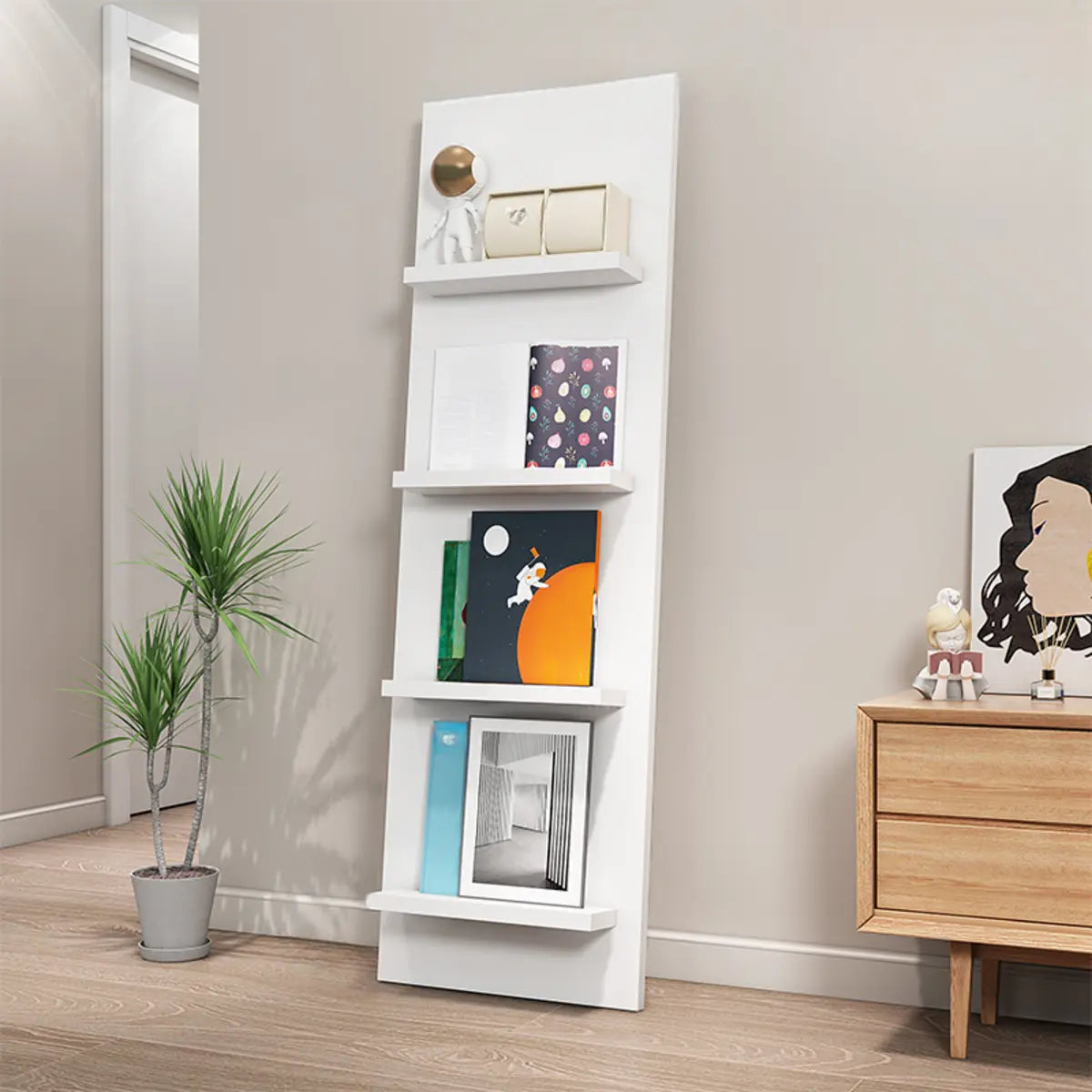 White Wood Vertical Modern Leaning Display Bookcase Image - 9