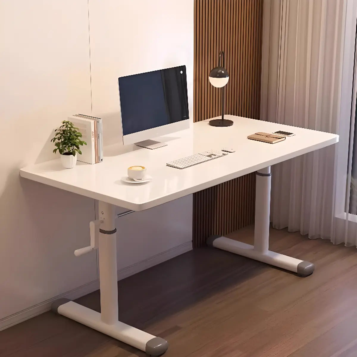 White Wooden Adjustable Height T-Shape Writing Desk Image - 1