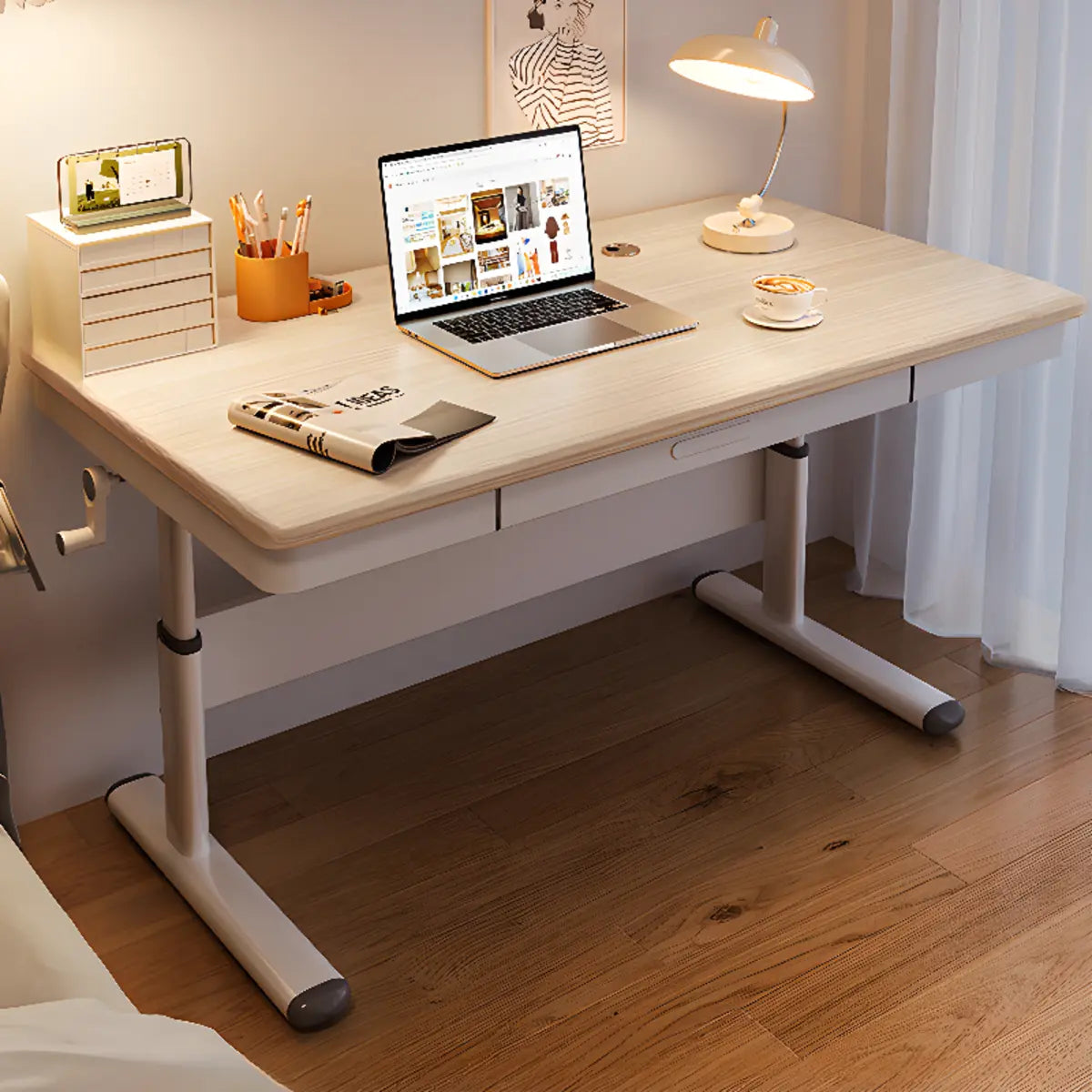 White Wooden Adjustable Height T-Shape Writing Desk Image - 7