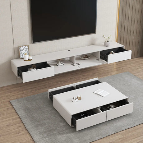 White Wooden Drawers Floating Mount Long TV Stand Image - 1