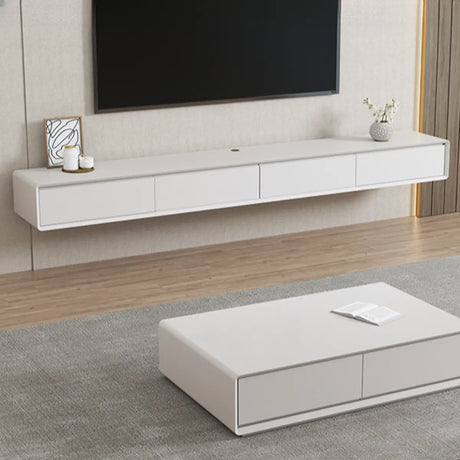 White Wooden Drawers Floating Mount Long TV Stand Image - 2