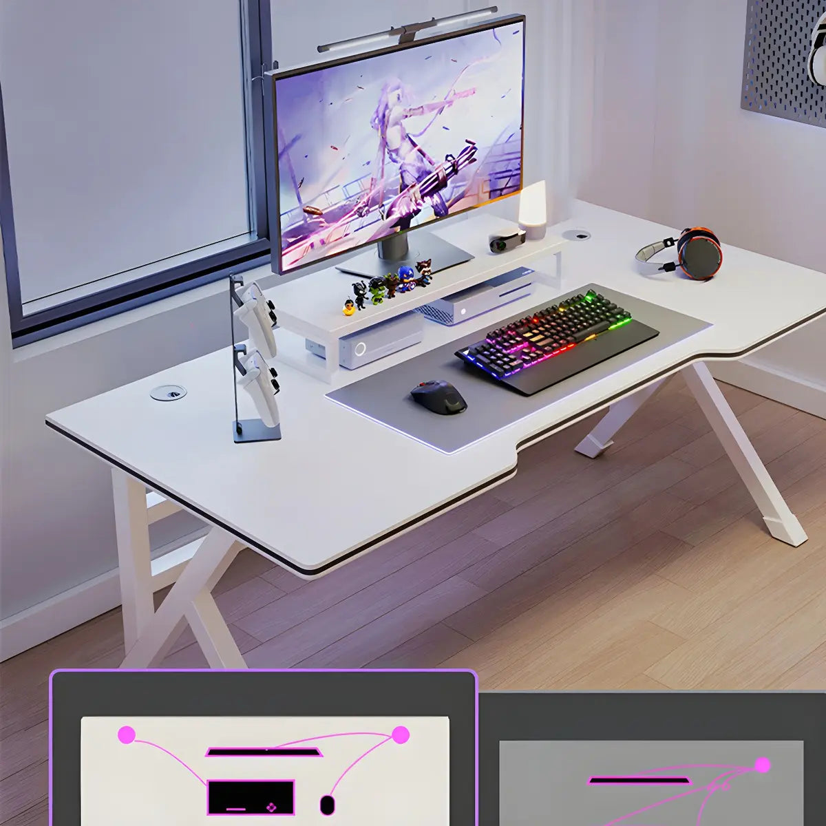 White Wooden Free Form Metal Trestle Gaming Desk Image - 13