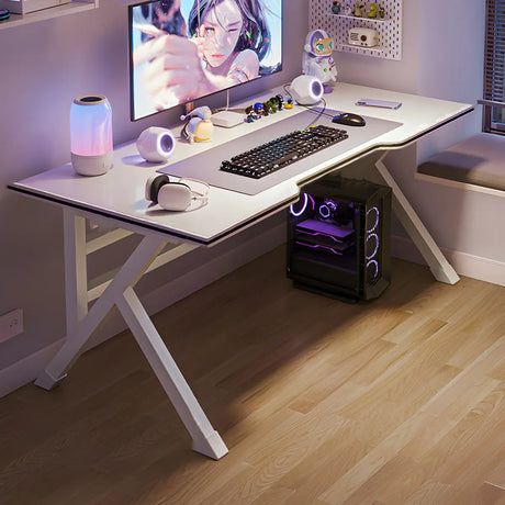 White Wooden Free Form Metal Trestle Gaming Desk Image - 2