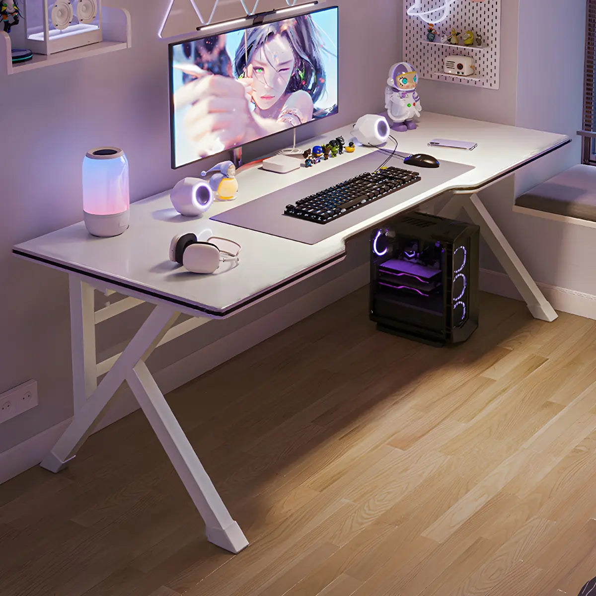 White Wooden Free Form Metal Trestle Gaming Desk Image - 3