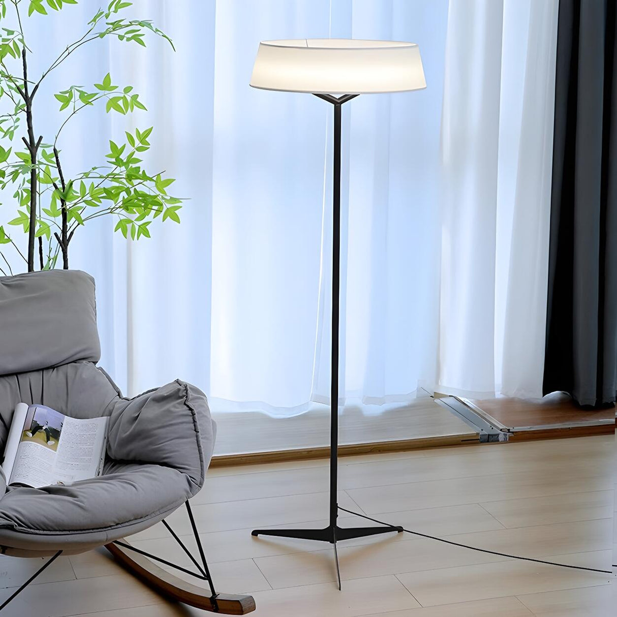 Wide Drum Shade Slim Modern Metal Column Floor Lamp Image - 1