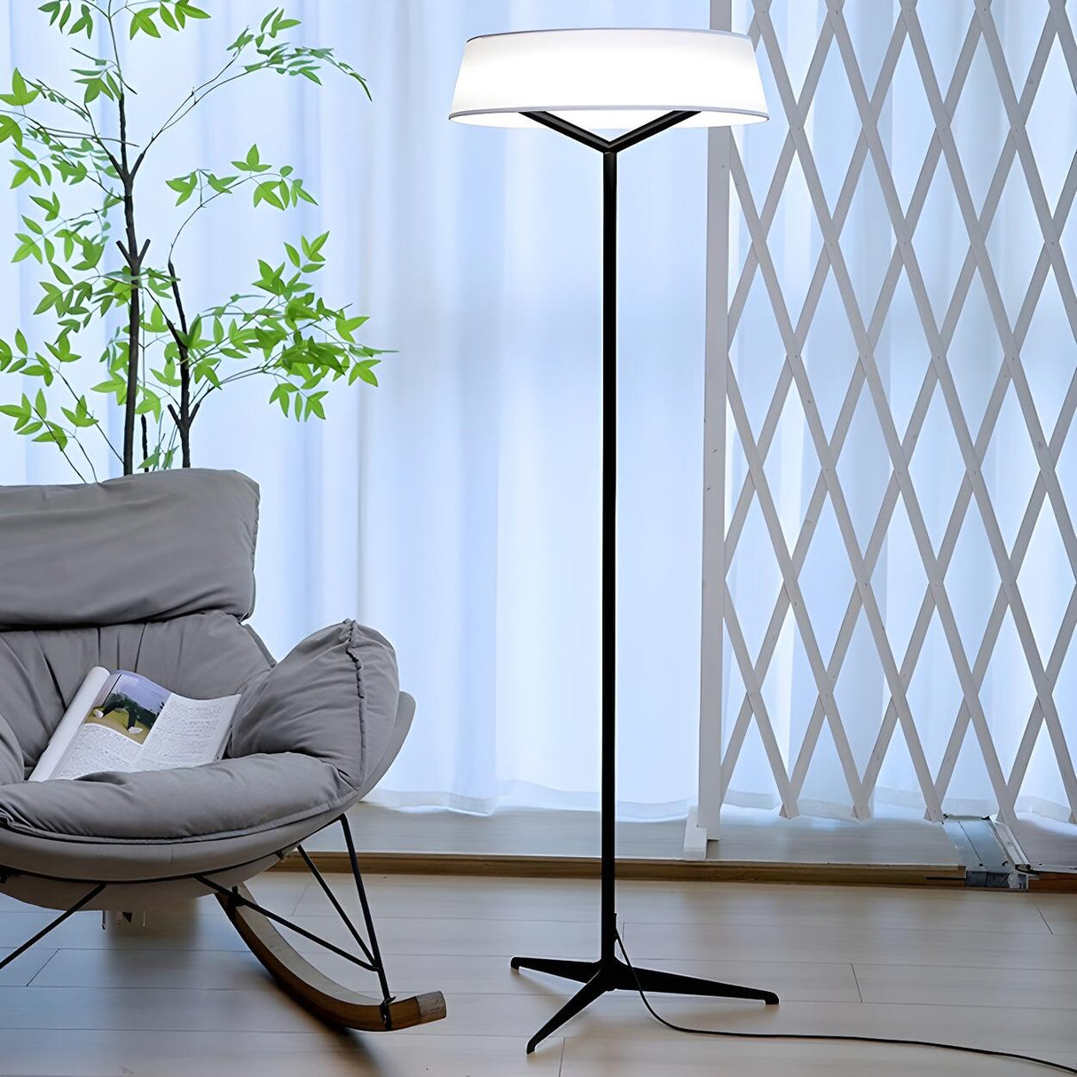 Wide Drum Shade Slim Modern Metal Column Floor Lamp Image - 2