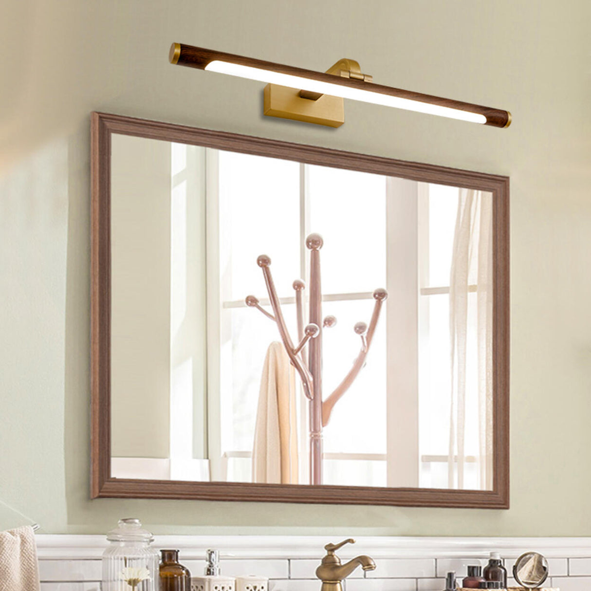 Wood and Gold Cylinder LED Vanity Mirror Light Image - 1