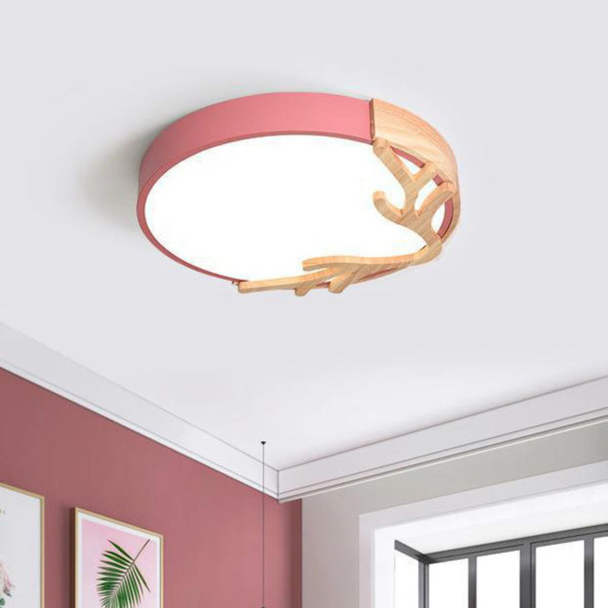 Wood Antler Pink Circle LED Flush Mount Light Bedroom Image - 1