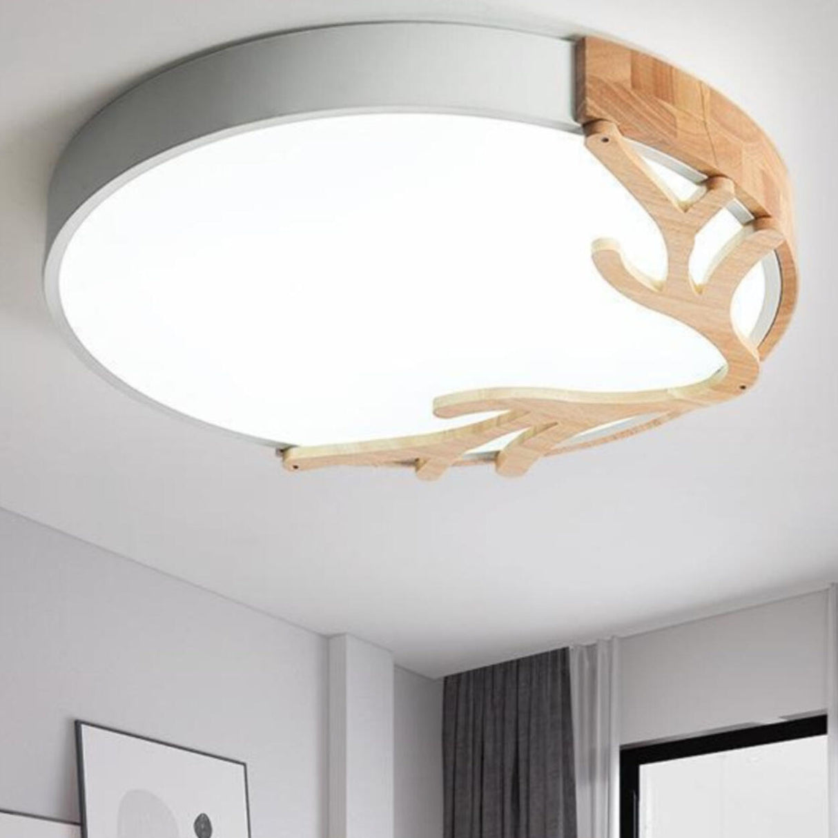 Wood Antler Pink Circle LED Flush Mount Light Bedroom Image - 7