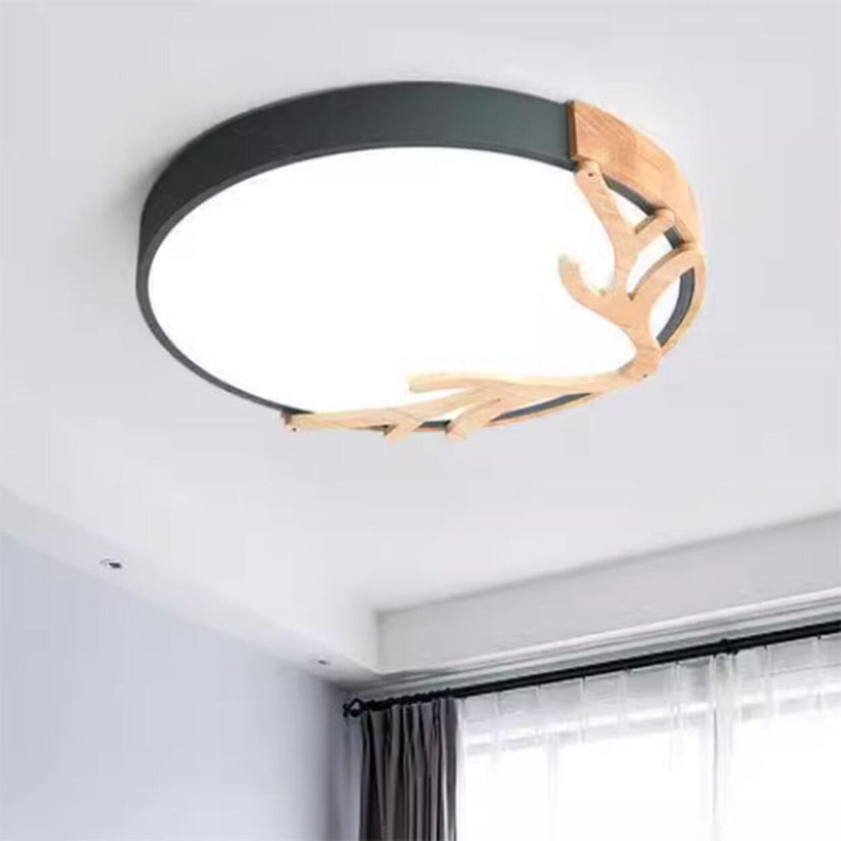 Wood Antler Pink Circle LED Flush Mount Light Bedroom Image - 8