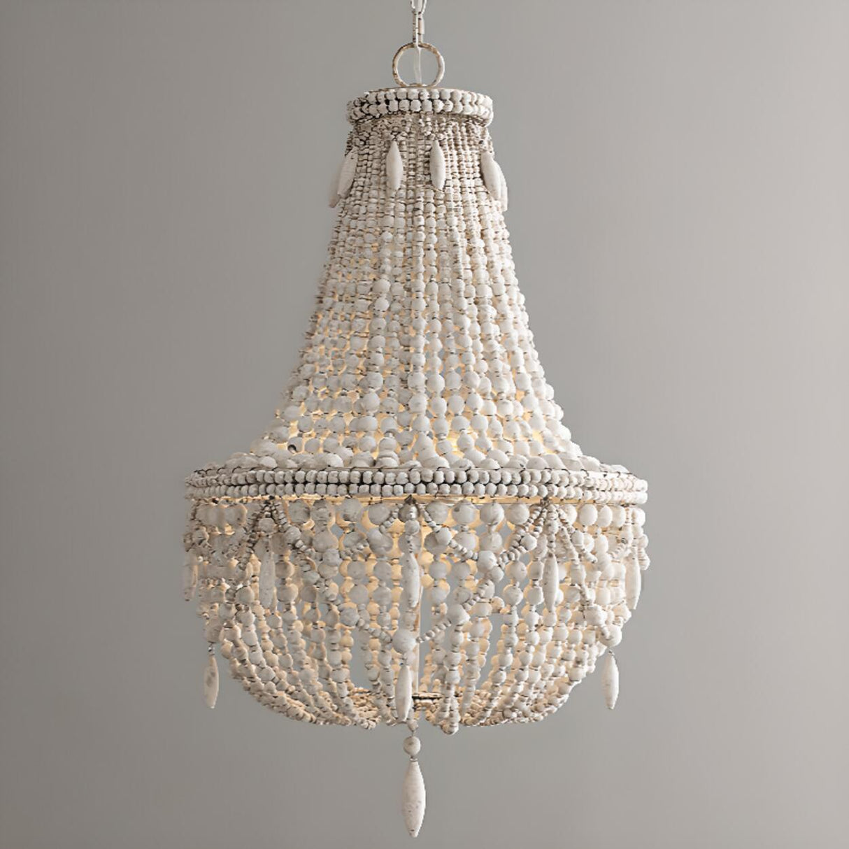 Wood Beaded White Chandelier Adjustable Height  Image - 8