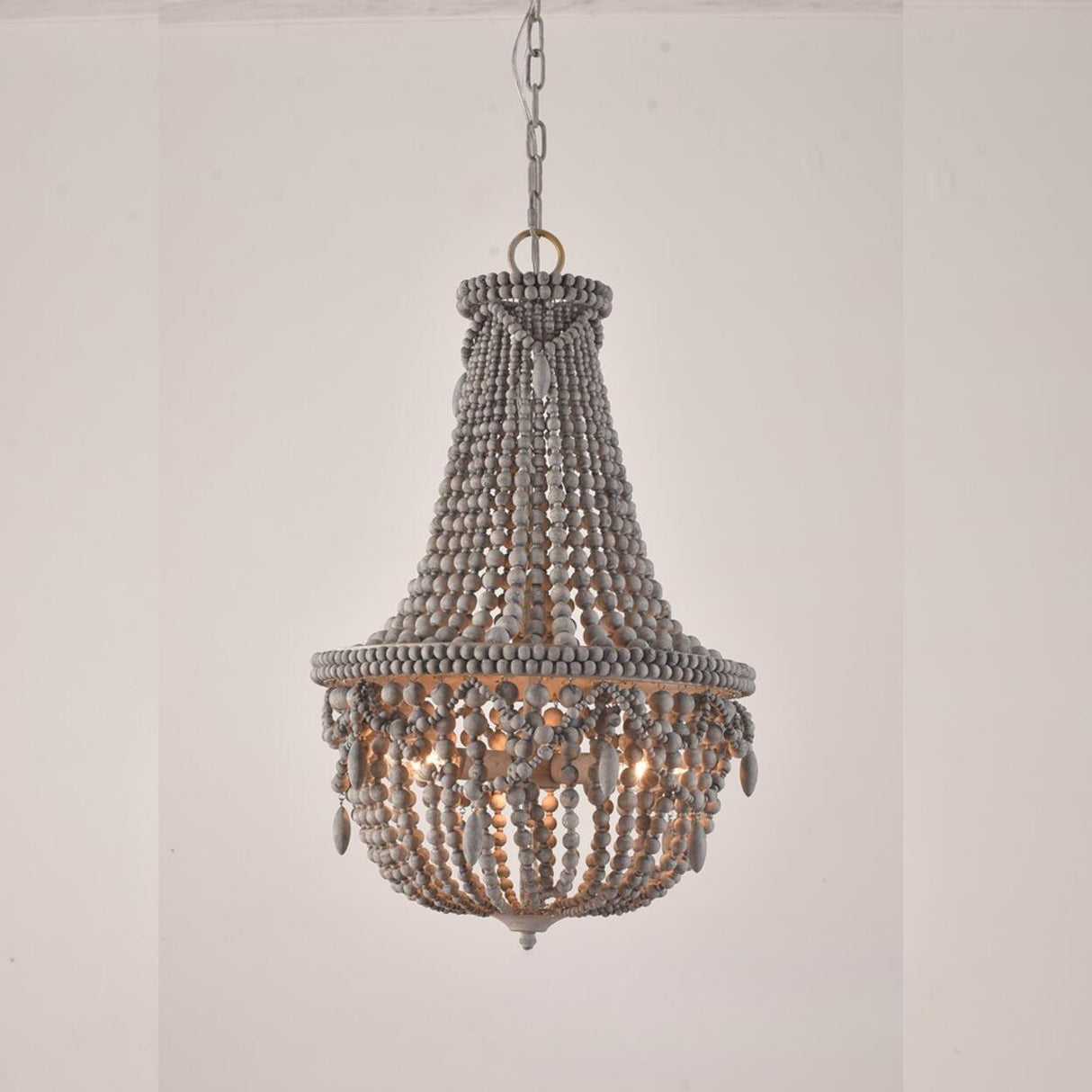 Wood Beaded White Chandelier Adjustable Height  Image - 9