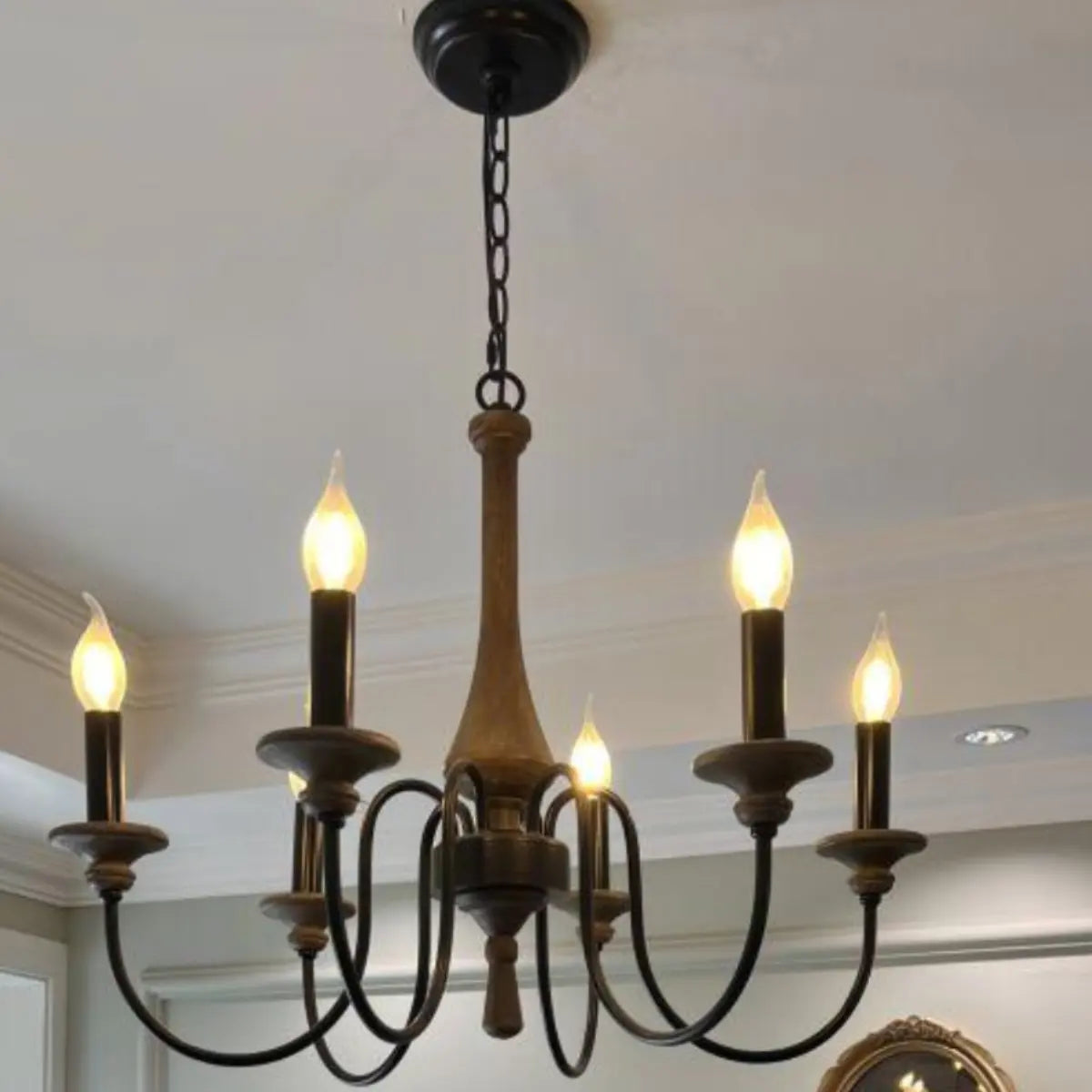 Wood Black Candle Curve Arm Living Room Chandelier Image - 1