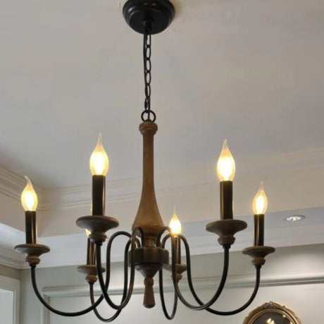 Wood Black Candle Curve Arm Living Room Chandelier Image - 1