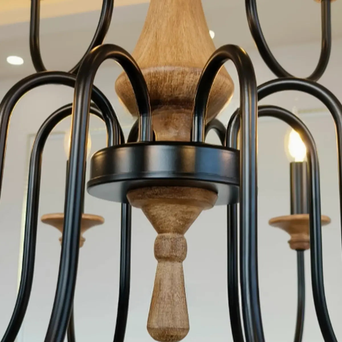 Wood Black Candle Curve Arm Living Room Chandelier Image - 12