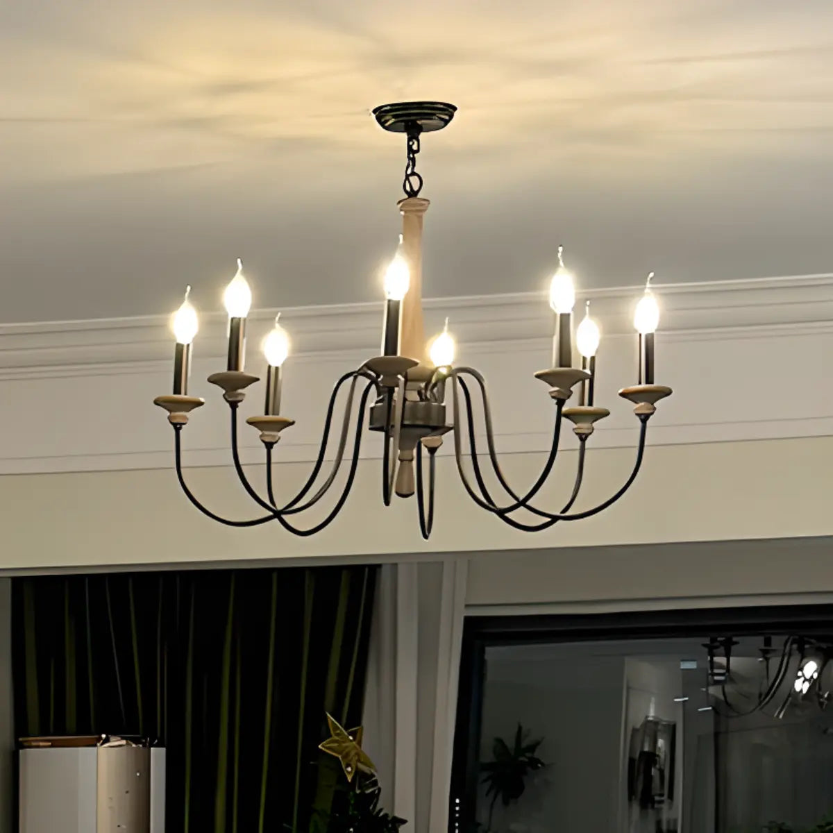 Wood Black Candle Curve Arm Living Room Chandelier Image - 6