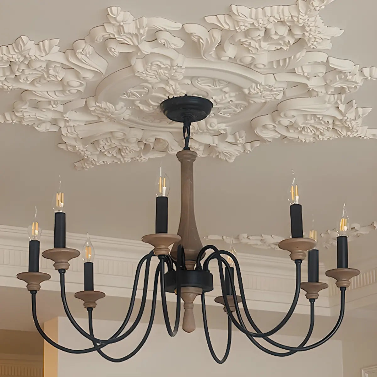 Wood Black Candle Curve Arm Living Room Chandelier Image - 8