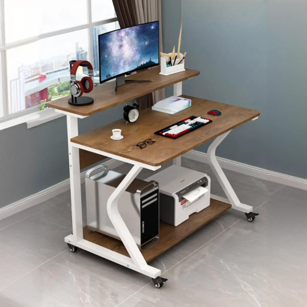 Wood Butcher Block Shelf Casters Small Computer Desk Image - 1