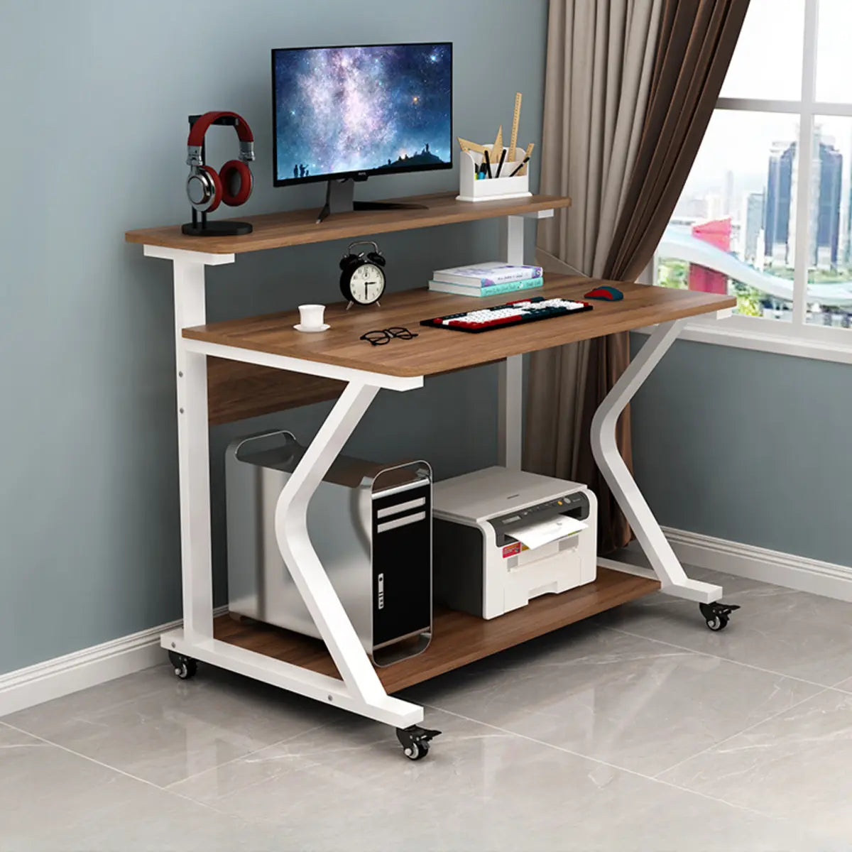 Wood Butcher Block Shelf Casters Small Computer Desk Image - 11