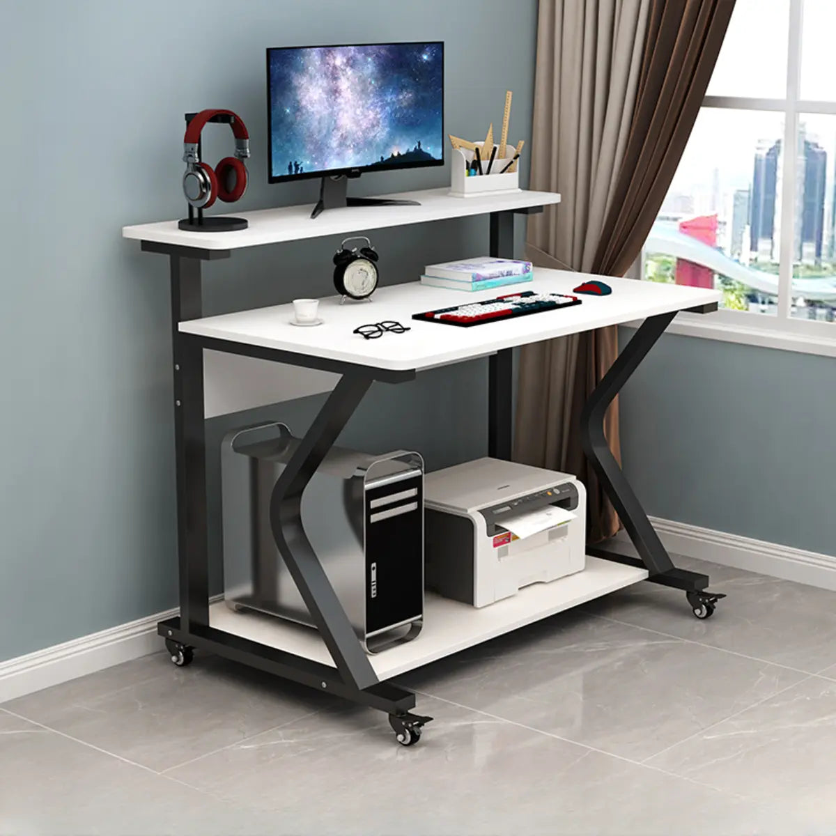 Wood Butcher Block Shelf Casters Small Computer Desk Image - 3