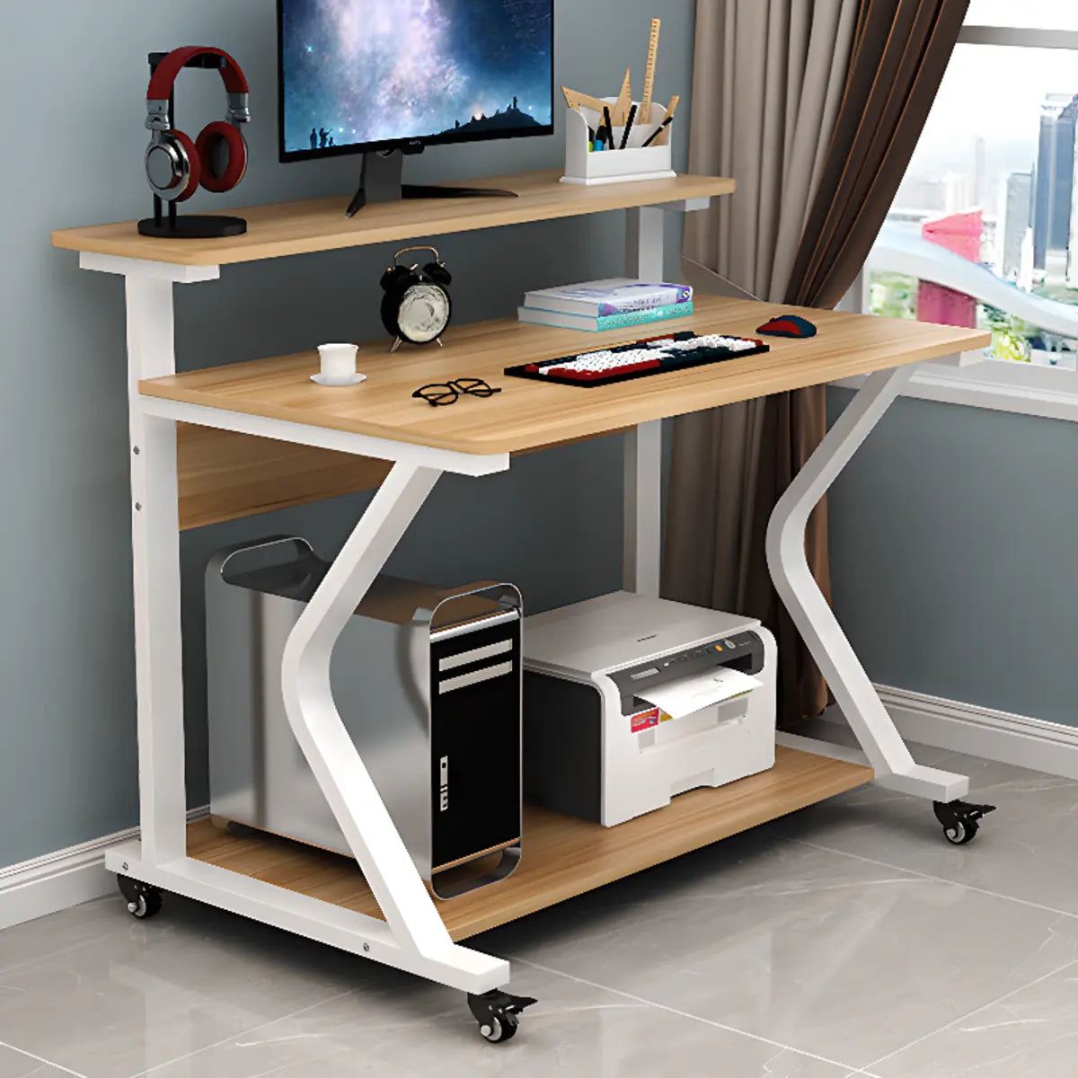 Wood Butcher Block Shelf Casters Small Computer Desk Image - 5