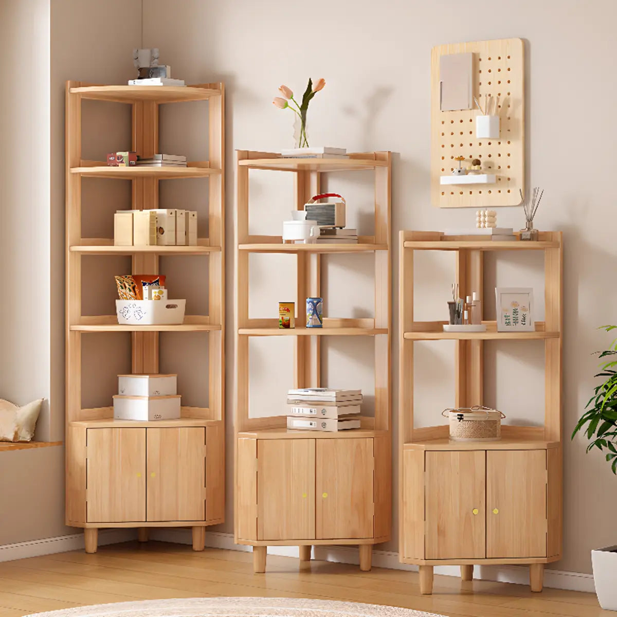 Wood Corner Open Storage Display Cabinet Natural Finish Image - 1