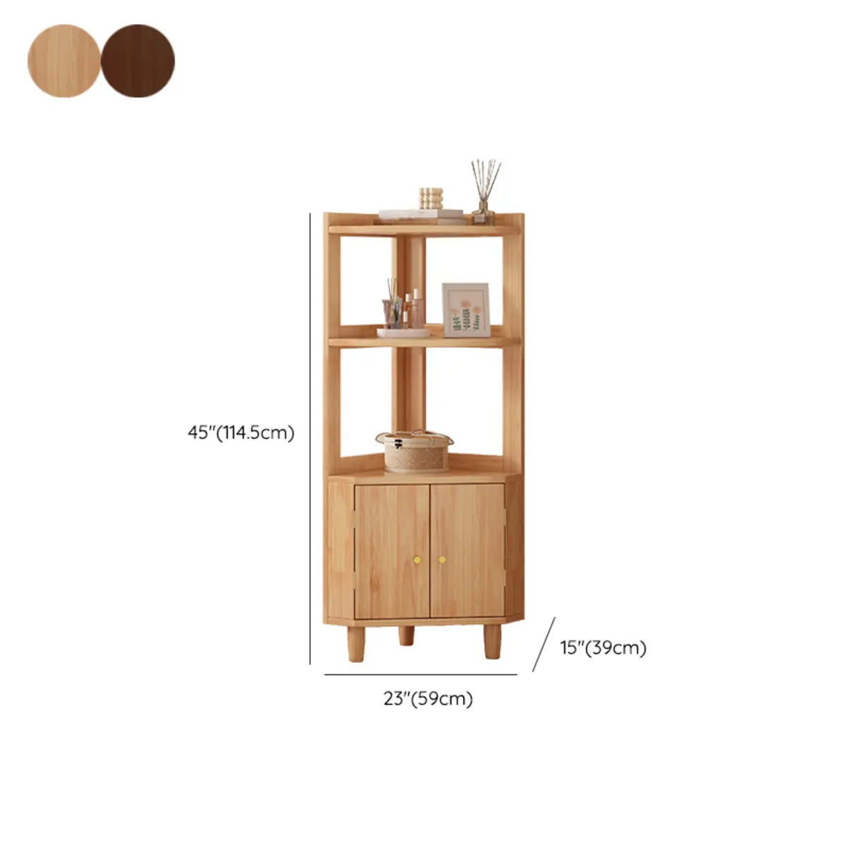 Wood Corner Open Storage Display Cabinet Natural Finish 