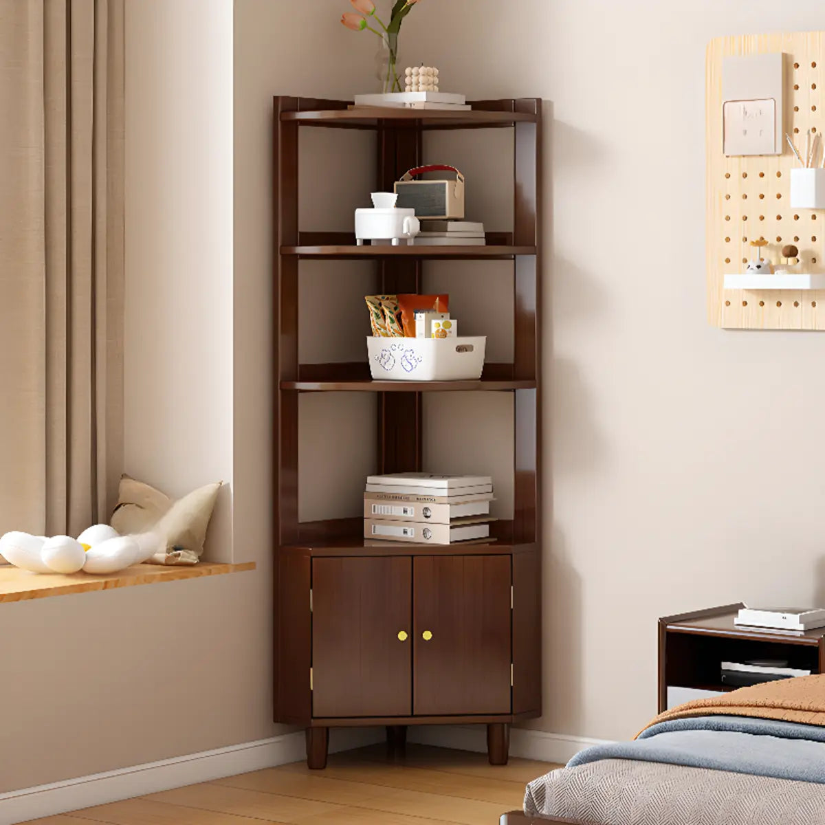 Wood Corner Open Storage Display Cabinet Natural Finish Image - 6