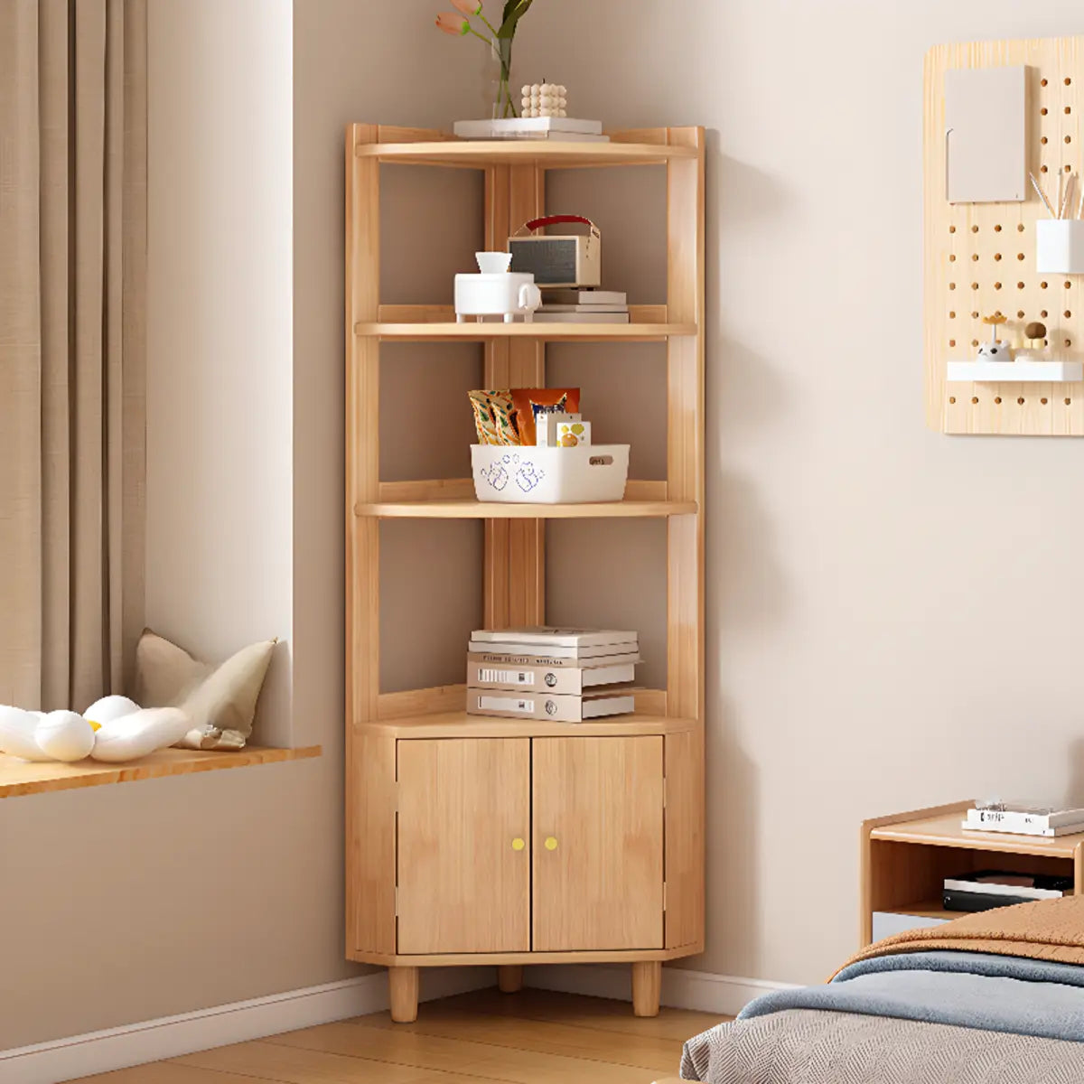 Wood Corner Open Storage Display Cabinet Natural Finish Image - 8