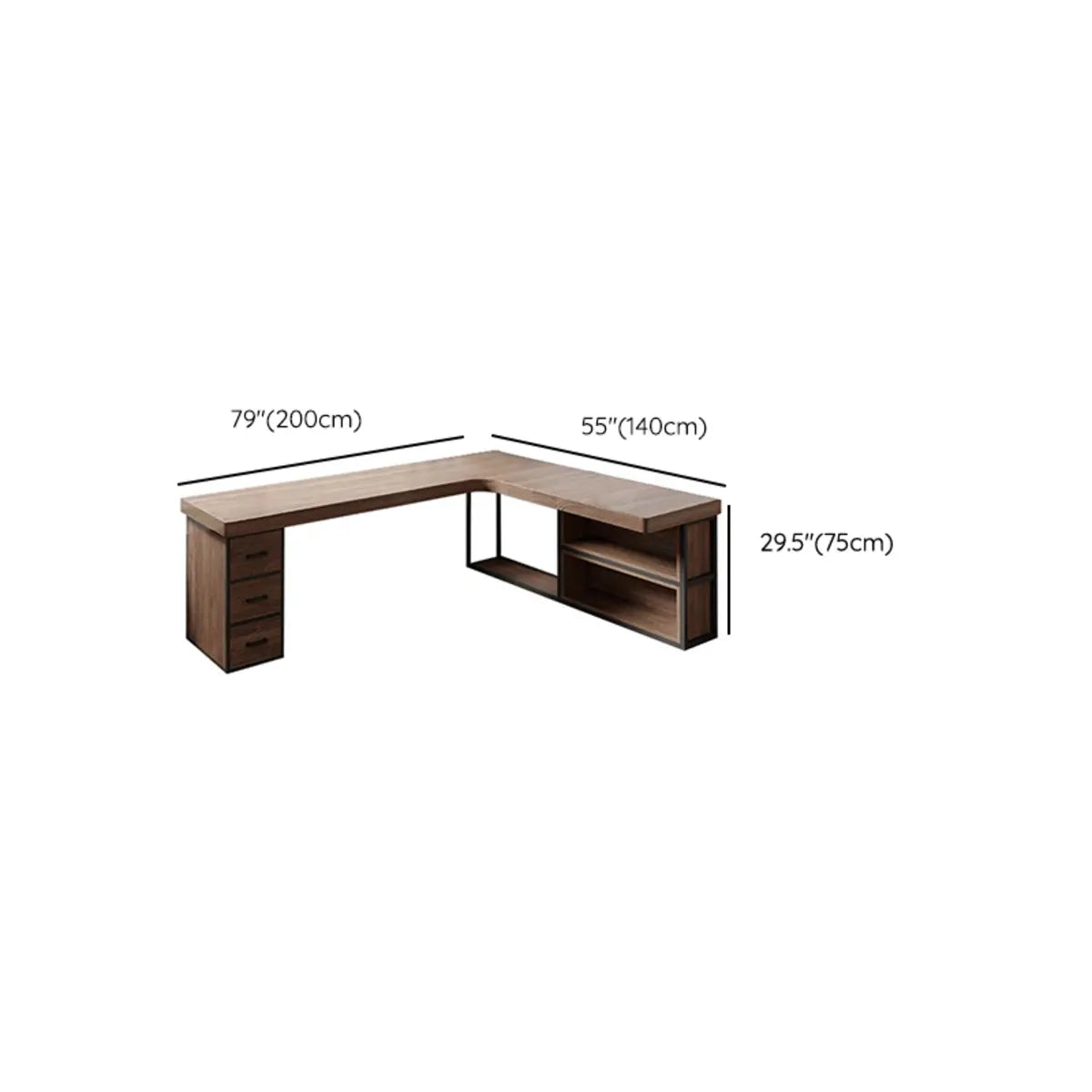 Wood Drawers Storage Shelf L-Shape Double Writing Desk Image - 26