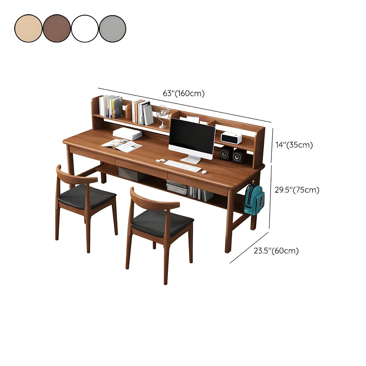 Wood Exterior Shelf Drawers H-Shape Double Writing Desk 