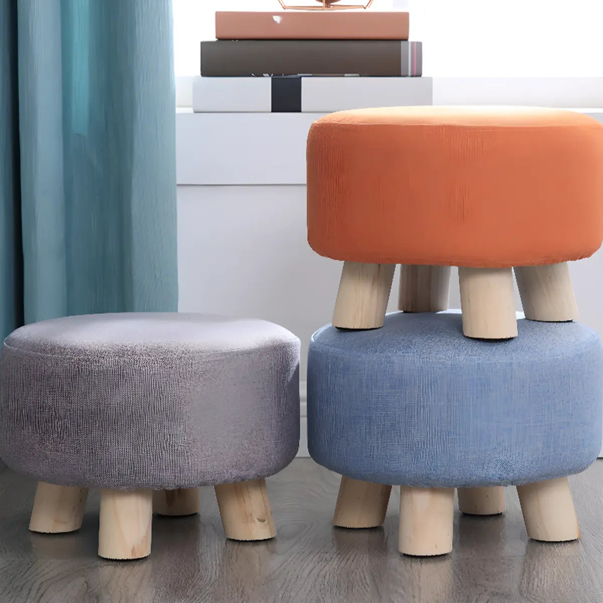 Wood Frame Circular Linen Blend Mini Sponge Ottoman Image - 1