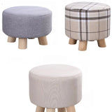 Wood Frame Circular Linen Blend Mini Sponge Ottoman Image - 10