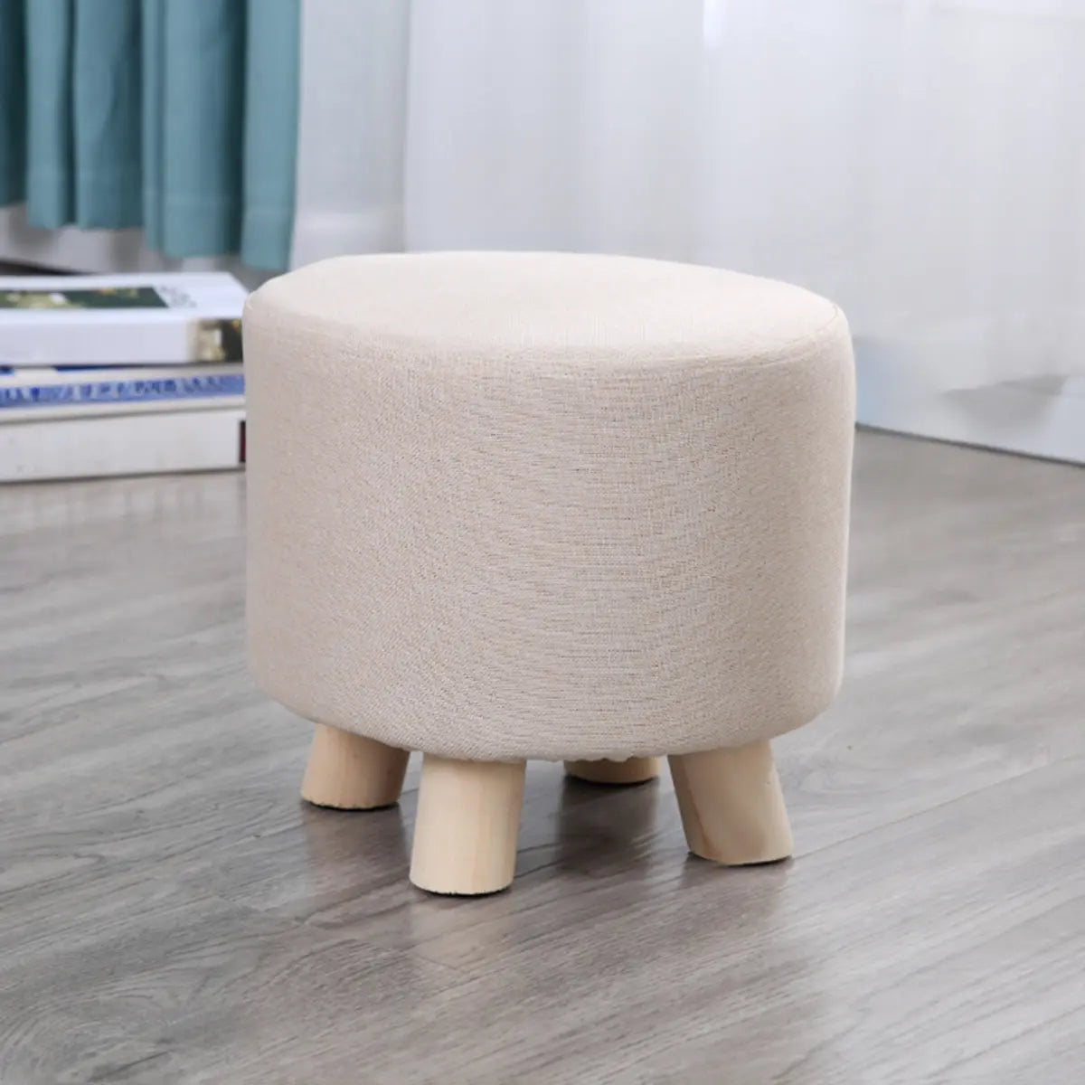 Wood Frame Circular Linen Blend Mini Sponge Ottoman Image - 17