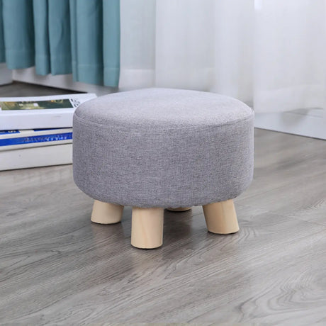 Wood Frame Circular Linen Blend Mini Sponge Ottoman Image - 2