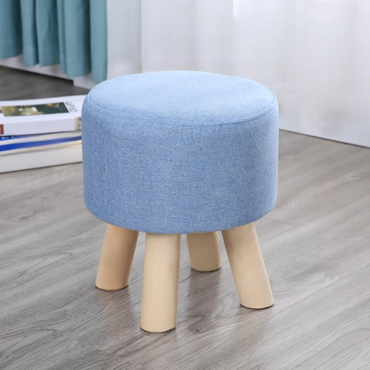 Wood Frame Circular Linen Blend Mini Sponge Ottoman Image - 20