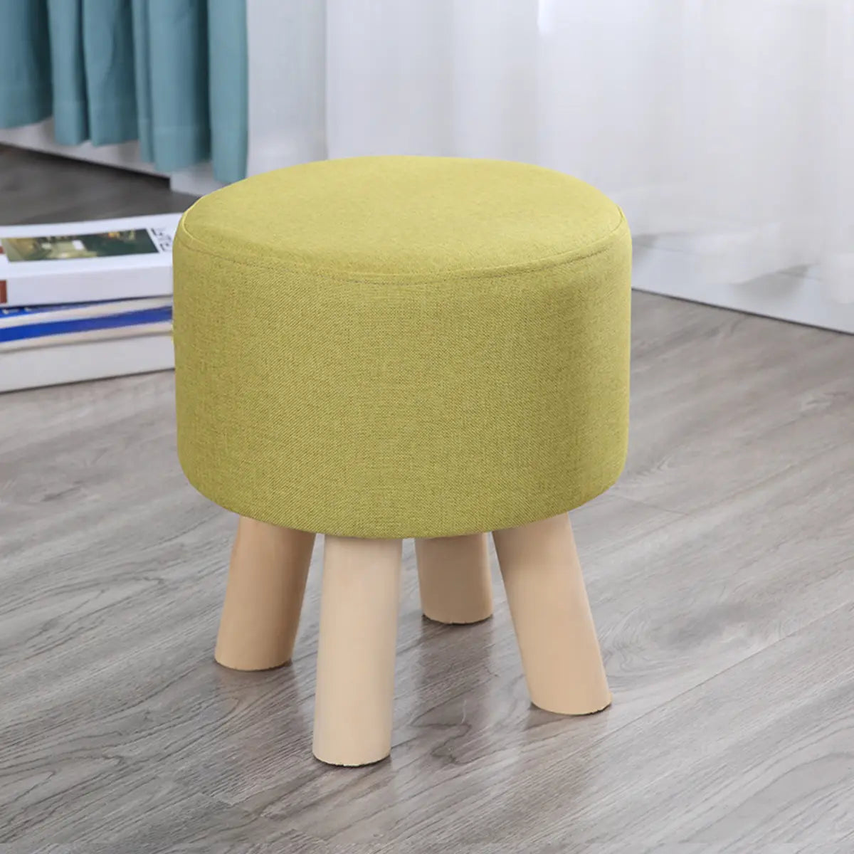 Wood Frame Circular Linen Blend Mini Sponge Ottoman Image - 21