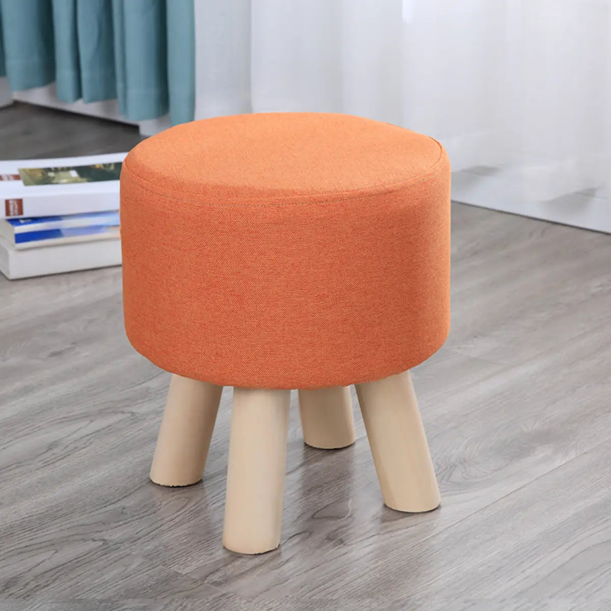 Wood Frame Circular Linen Blend Mini Sponge Ottoman Image - 22